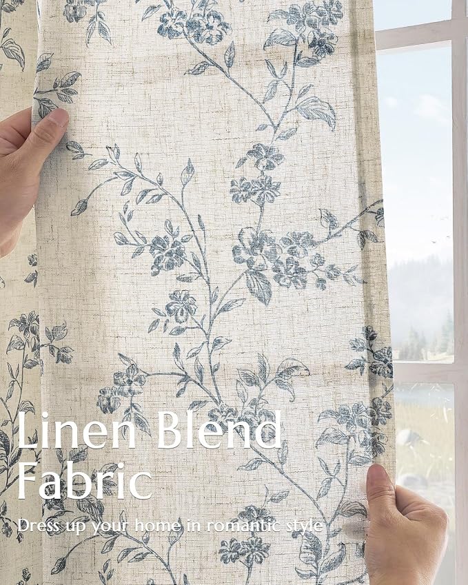jinchan Blue Floral Linen Curtains 63 Inch French Country Back Tab 2 Panels | Flower patterned, short drapes, farmhouse, light filtering, bedroom, living room, kitchen, small window treatment, rod pocket