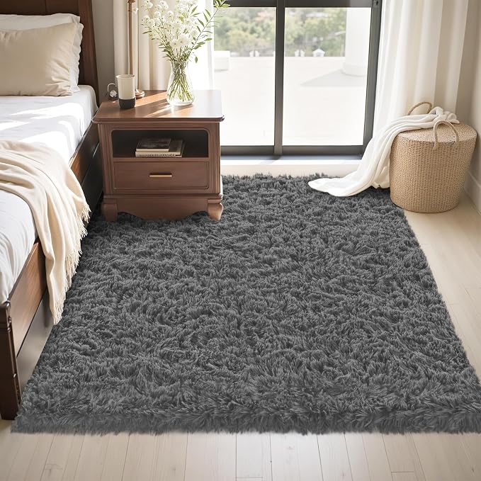 4x6 Area Rug for Living Room:Ultra Soft Fluffy Shag Dark Grey Rugs,Large Fuzzy Plush Indoor Non Slip Carpet Washable Rug for Bedroom Kids Nursery Office Dorm Modern Decor(Dark Grey 4'x6')