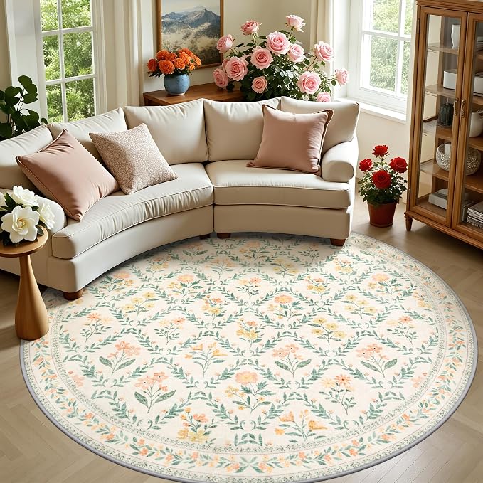 Round Area Rug for Living Room: 8 ft Floral Washable Circle Rug Soft Boho Non-Slip Carpet Indoor Floor Stain Resistant Low Pile Small Circular Rug for Bedroom Entryway Kitchen Nursery Beige/Multi