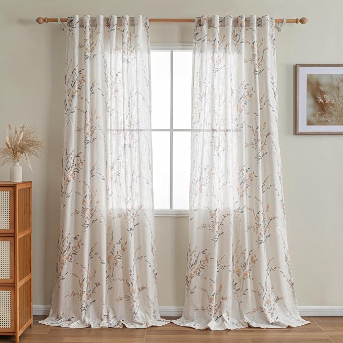 MYSKY HOME Sheer Curtains 108 Inch Length Semi Flax Linen Floral Farmhouse Curtains for Living Room Sliding Glass Door Window Curtain Panels Light Filtering Privacy Protect Drapes Set, Yellow, 2 Pcs