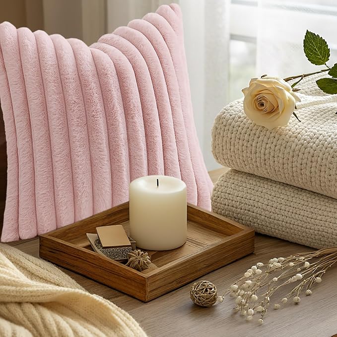 decorUhome Fall Faux Fur Throw Pillow Covers 18x18 Set of 2 Pink | Decorative Soft Cozy Striped Plush Modern Farmhouse Boho Couch Pillow Cases Velvet Back for Sofa Bed Living Room Home Decor