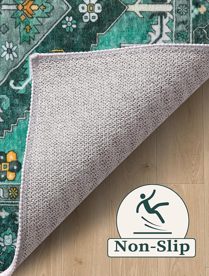 SERISSA Runner Rug for Hallways, 2'6"x18' Washable Non Slip Kitchen Runner Rug, Extra Long Boho Rug Ultra Soft Vintage Teal Print Floor Carpet for Bedroom Hallway Entryway Bathroom Laundry Room