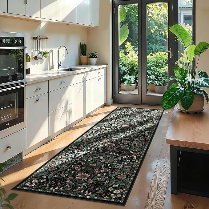 2’6″x 8’ Washable Runner Rug,Black Floral Boho Area Rug for Hallway,Low-Pile Non-Slip Stain Resistant Carpet for Kitchen, Bedside,Laundry Room,Entryway