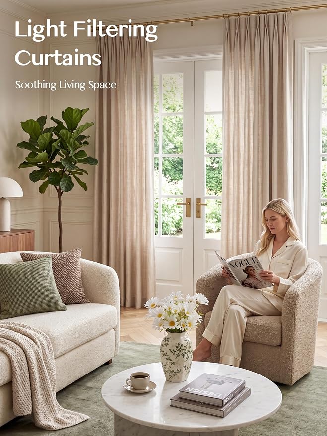 Liz Pinch Pleated Linen Curtains Light Filtering Curtains for Living Room, Farmhouse Window Curtains for Bedroom, Modern Drapes with Hooks and Rings, 108 Inches Long, Tapioca, 2 Panels Set