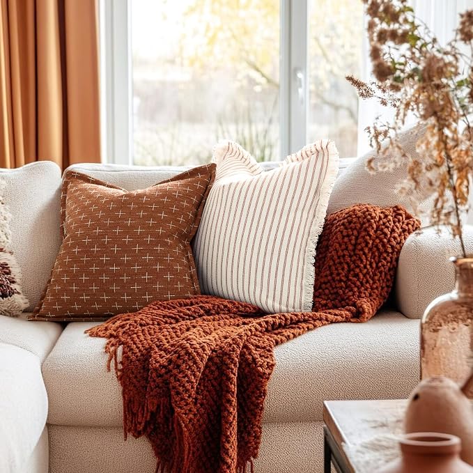 ZWJD Fall Throw Pillow Covers 22x22 Set of 2 Striped Pillow Covers with Fringe Chic Cotton Decorative Pillows Square Cushion Covers for Sofa Couch Bed Living Room Fall Decor,Rust