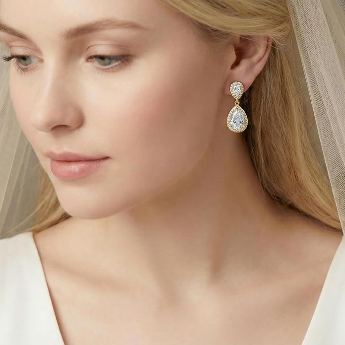 Mariell Cubic Zirconia Crystal Teardrop Dangle Bridal and Wedding Earrings, CZ Jewelry for Brides, Bridesmaids, Homecoming, Prom and Dressy Everyday Wear