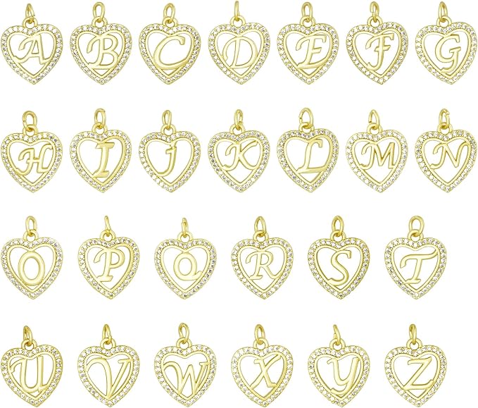 26pcs Heart-Shaped Initial Charms 18K Gold Plated Brass Cubic Zirconia A-Z Alphabet Letter Pendants for Making Jewelry Name Necklace Bracelets Gift Craft