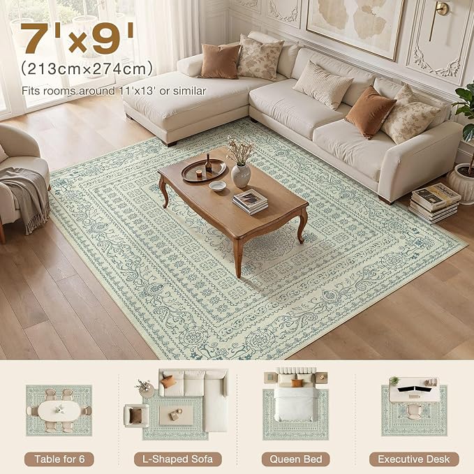 Nakagishi 7x9 Area Rugs Living Room: Washable Large Vintage Rug Neutral Non-Slip Soft Stain Resistant Indoor Carpet for Bedroom Nursery Dining Room Office Playroom - Forest Green