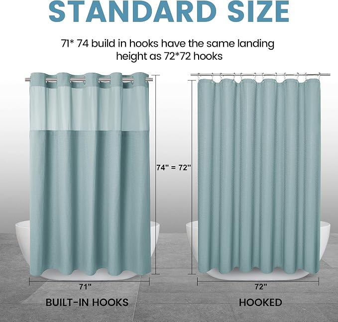 EUTXL Heavyweight Fog Blue No Hook Shower Curtain with Snap in Liner,256GSM Waffle Weave Shower Curtains for Bathroom,71W x 74H