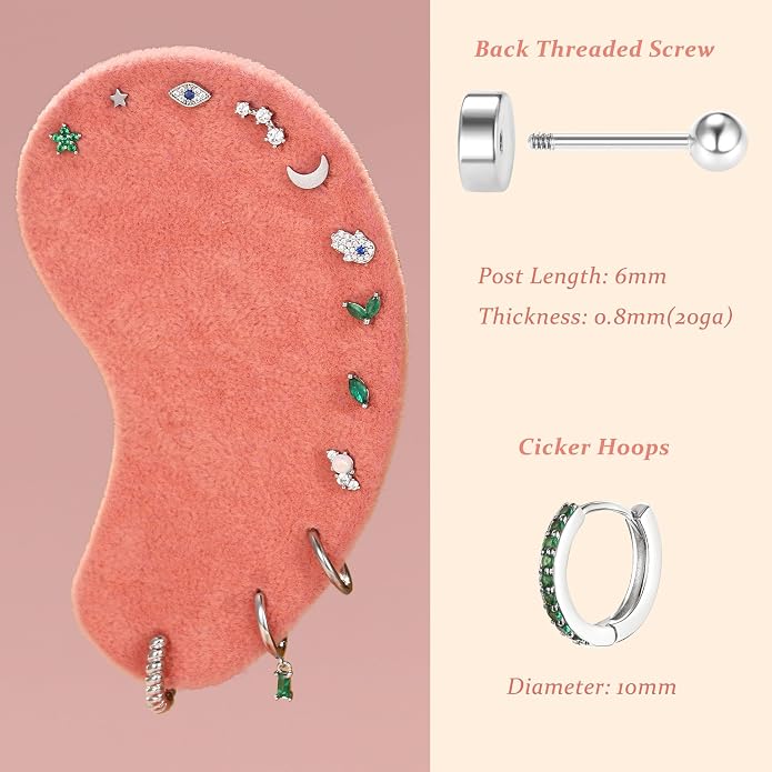KRFY 25Pcs/17 Pairs Hypoallergenic Surgical Steel Earrings for Sensitive Ears 14K Gold Plated Flat Back Cartilage Earrings for Women Men Screw Back Flatback Stud Hoop Earring Set for Multiple Piercing