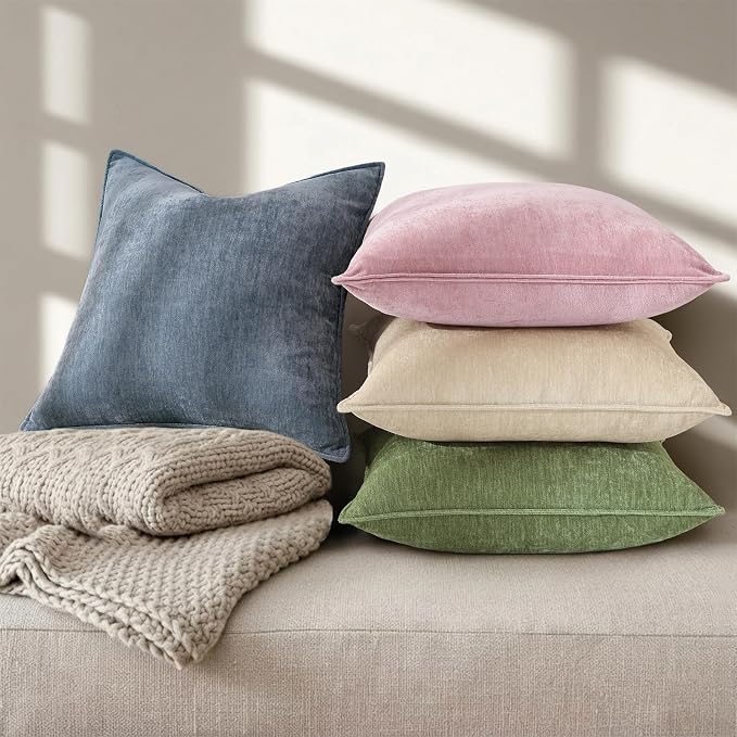 decorUhome Chenille Haze Blue Velvet Throw Pillow Covers 18x18 Set of 2 | Fall Soft Couch Decorative Modern Farmhouse Pillow Cases with Elegant Design for Sofa Bed Living Room Home Decor