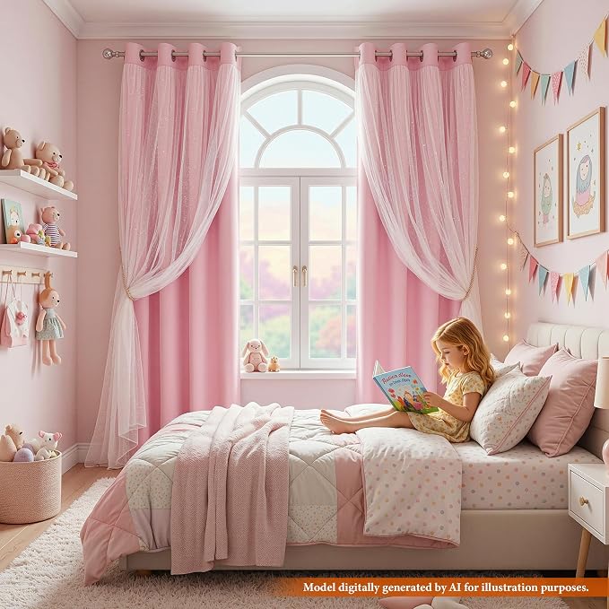 MYSKY HOME Light Pink Blackout Curtains for Girls Bedroom 84 Inches Long with Polka Dots Sheer Overlay Baby Pink Nursery Kids Room Drapes, Grommet Tops, 52" Wide, 2 Panels