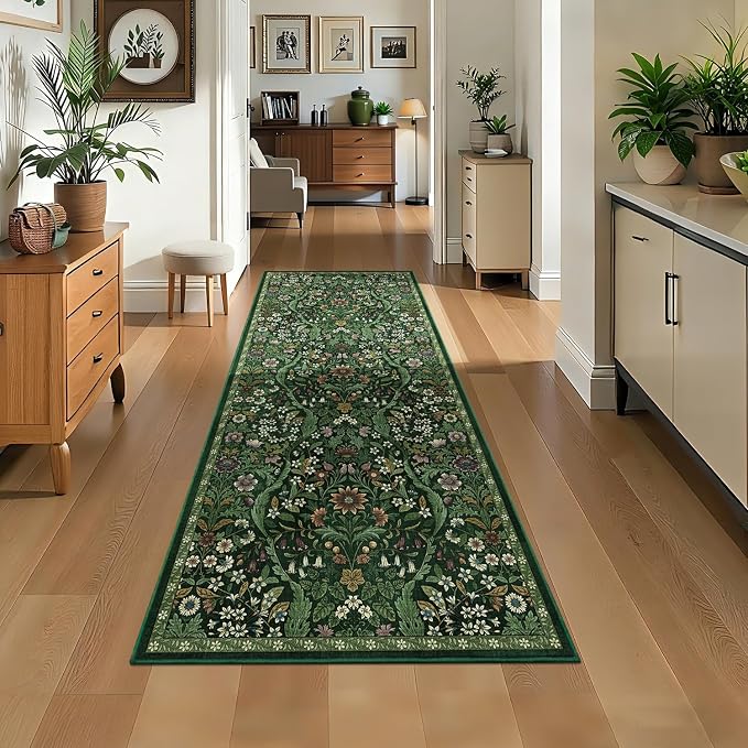 3×7 Washable Runner Rug,Dark Green Floral Kitchen Rugs for Hallway,Low-Pile Non-Slip Stain Resistant Carpet for Kitchen, Bedside,Laundry Room,Entryway