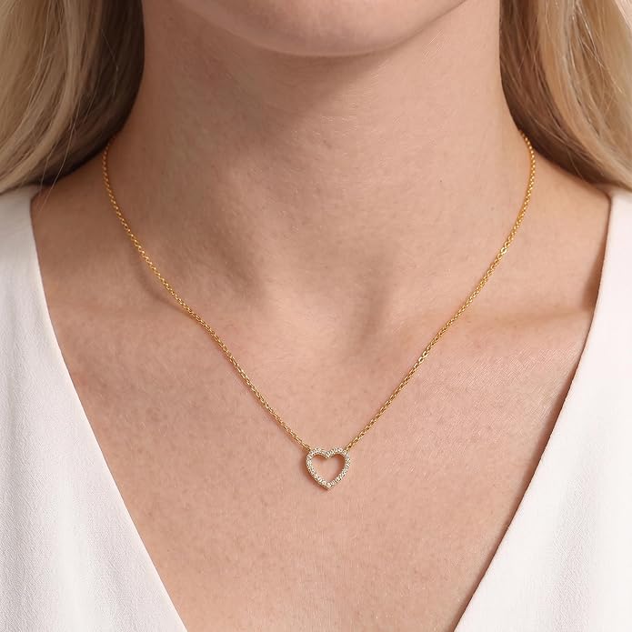 18K Gold Plated Heart Necklace for Women, Dainty Open Heart Pendant Necklace with Cubic Zirconia, Minimalist Delicate Choker Jewelry Gift for Women