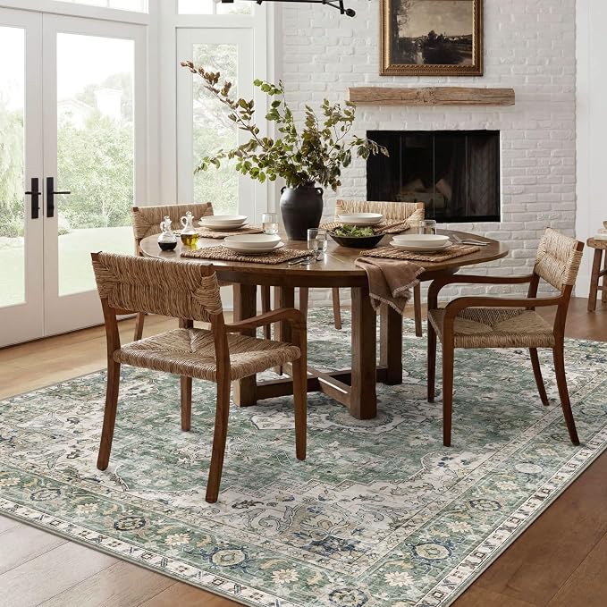LUXRUG Washable Area Rug 5x7 - Boho Living Room Rug Stain Resistant Soft Bedroom Rug Ultra-Thin Sage Green Vintage Oriental Farmhouse Dining Room Rugs for Under Table Indoor Carpet for Living Room