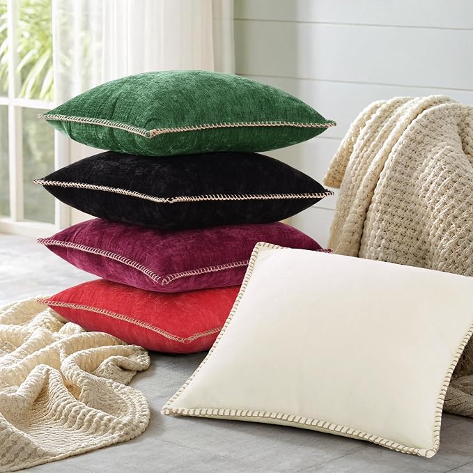 decorUhome Soft Chenille Throw Pillow Covers 22x22 Set of 2 Rhododendron | Fall Textured Decorative Throw Pillow Cases Stitched Edge Modern Farmhouse Luxury Boho Velvet for Couch Sofa Bed Home Decor