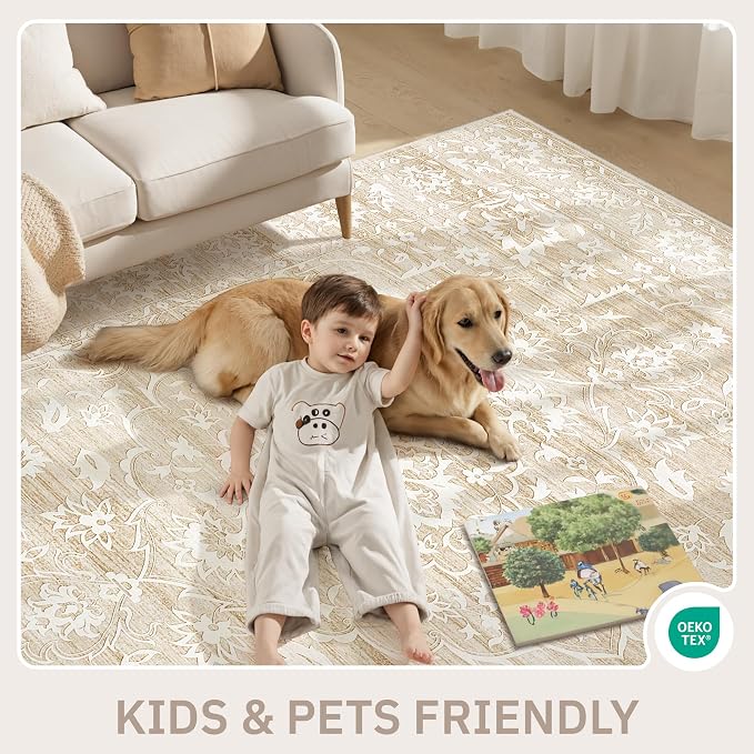 Soalmost 5x7 Area Rugs for Living Room, Washable Neutral Soft Rug Beige | Vintage Floral Non-Slip Low Pile Throw Large Carpet for Dining Room Bedroom Kitchen Home Office Nursery 5'x7'