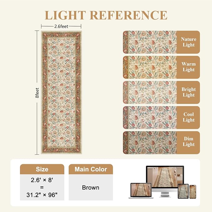 DUKINO 2.6x8 Runner Rug, Washable Vintage Floral Kitchen Runners Rug, Brown | Non Slip, Low Pile, Non-Shedding Soft Carpet for Hallway Bathroom Laundry Entryway Bedroom Farmhouse, Kids and Pets Friendly