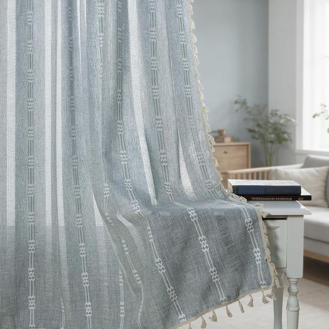 ColorBird Boho Curtains Dusty Blue Linen-Textured for Living Room Bedroom 63 Inch Length Light Filtering Farmhouse Curtains & Drapes Embroidered Striped Window Treatment for Dining Room Kitchen
