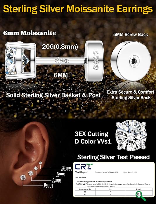 Moissanite Earrings for Men Women：Hypoallergenic Flat Back Earrings 925 Sterling Silver Stud Earring Small D Color VVS1 Moissanite 14K White Gold Plated Helix Cartilage Earring Studs Gift Jewelry