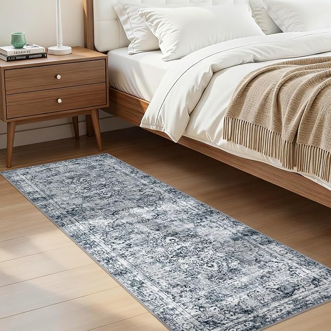 Joydeco Washable 2x5 Hallway Runner Rug Vintage, Light Grey | Water Resistant Low Pile Non Slip Backing for Kitchen Entryway Bathroom Dining Room
