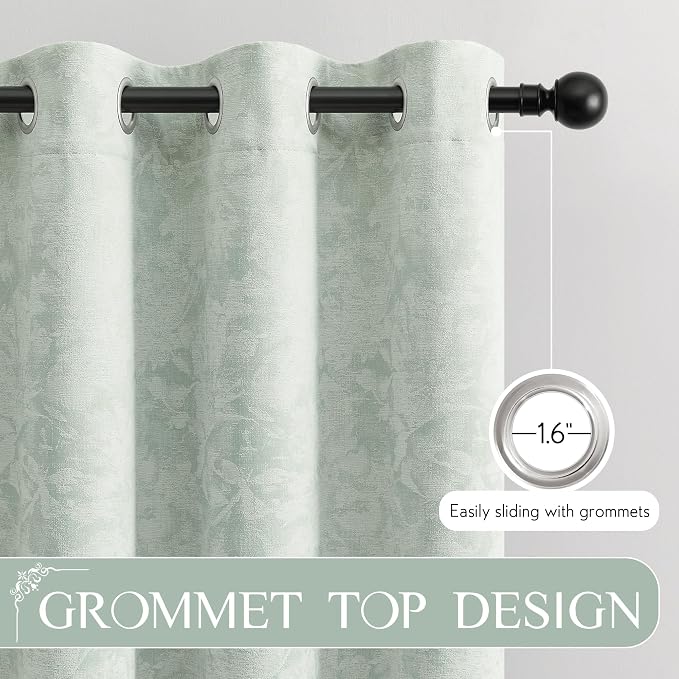 Beauoop Green Floral Jacquard Blackout Curtains for Bedroom 52x84 2 Panels | Flower Chenille Room Darkening Drapes for Living Room 84 Inch Long Thermal Insulated Soundproof Window treatment Grommet