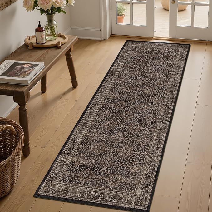 Washable Hallway Runner Rug 2x6, Vintage Farmhouse Kitchen Runner Rug Non Slip, Moroccan Floral Trellis Carpet Runners for Bathroom/Bedroom Bedside/Entryway/Laundry Room, Dark Wood Brown Black
