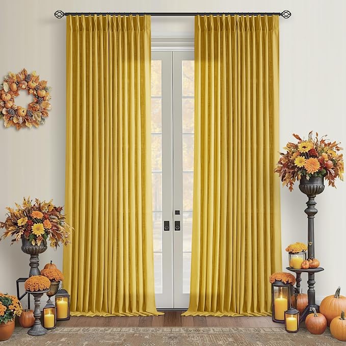 Mustard Yellow Pleated Semi Sheer Linen Curtains 120 Inches Long 2 Panel | Extra Long for Living Room Bedroom Ceiling Floor, Light Filtering, 400GSM Linen Fabric, Pinch Pleat Memory Shape Trained
