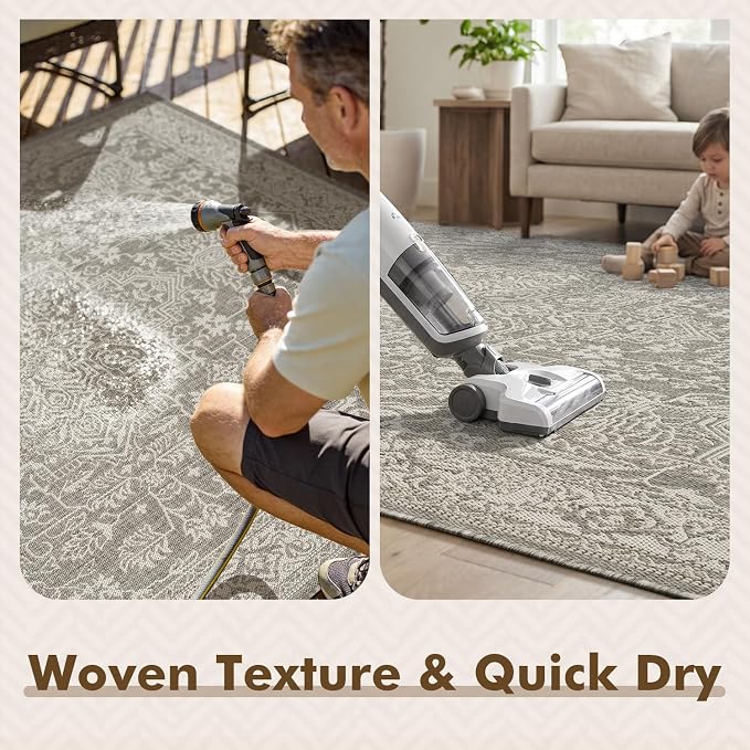 MontVoo-Outdoor Rug-Patio Rug 5x7 ft Polypropylene Indoor Outdoor Rugs Carpet for Patio Deck Balcony Porch, Textured Weave, Durable for High Traffic, Fade-Resistant, Vintage Medallion Silver Grey
