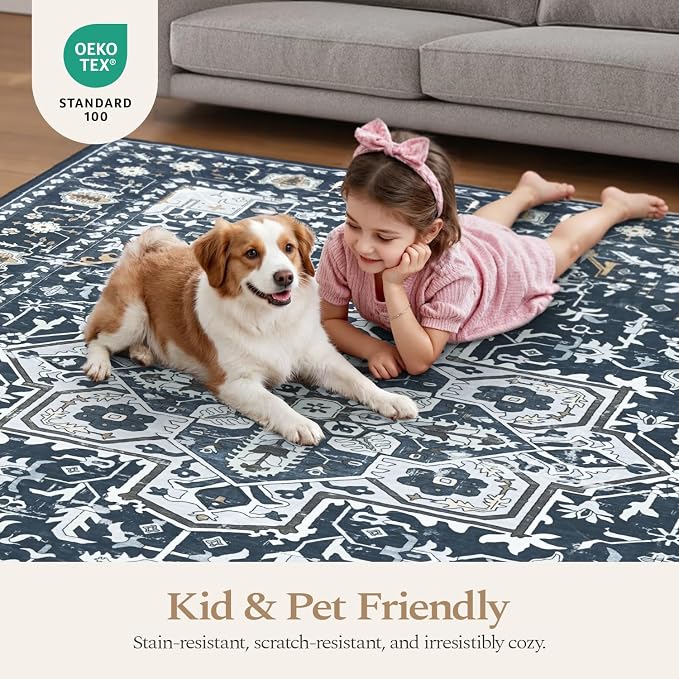 Rugflix 2x3 Small Area Rugs for Entryway, Washable Entrance Door Mat Non-Slip, Soft Low Pile Stain Resistant Vintage Boho Indoor Throw Rug for Hallway, Kitchen, Bedroom, Navy Blue