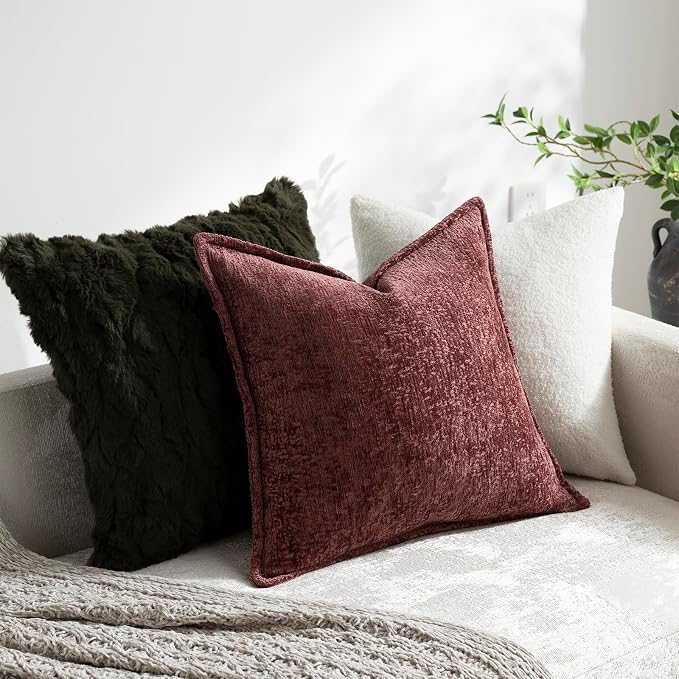 DEZENE Pack of 2 Christmas Burgundy Fall Decorative Throw Pillow Covers 16x16 Cozy Soft Chenille Accent Vintage Square Couch Pillow Covers for Home Decor Bed Sofa Living Room