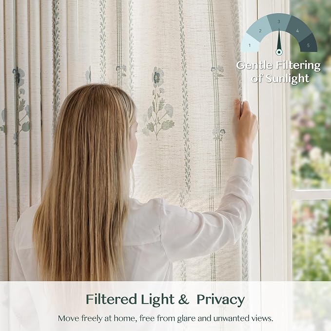 Pinch Pleated Curtains for Living Room Bedroom Dining Room - 100 Inches Light Filtering Floral Curtains Luxury Linen Drapes Farmhouse Window Curtains with Hooks - 2 Panels Set, 40" W x 100" L