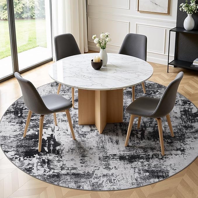 Rugflix Round Area Rugs 8Ft for Living Room, Washable Circle Rug Stain-Resistant Low Pile, Modern Dark Carpet for Bedroom Dining Room Home Office Kid Nursery Room, Black Grey