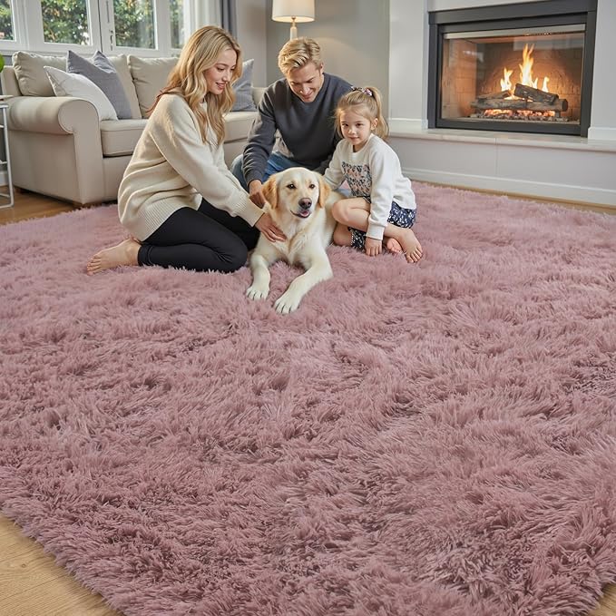 Area Rugs 9x12 Living Room, Large Area Rug Shaggy Carpet Soft Plush Furry Bedside Rug, Machine Washable Area Rugs for Bedroom Home Decor Non-Slip(9 x 12, Blush)