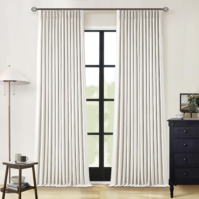 Natural Linen 100% Black Out Pinch Pleated Curtains 108 Inches Long 2 Panels Set for Bedroom Cream Back Tab Thermal Insulated Energy Efficient Blackout Curtains Living Room High Ceiling Length 40x108