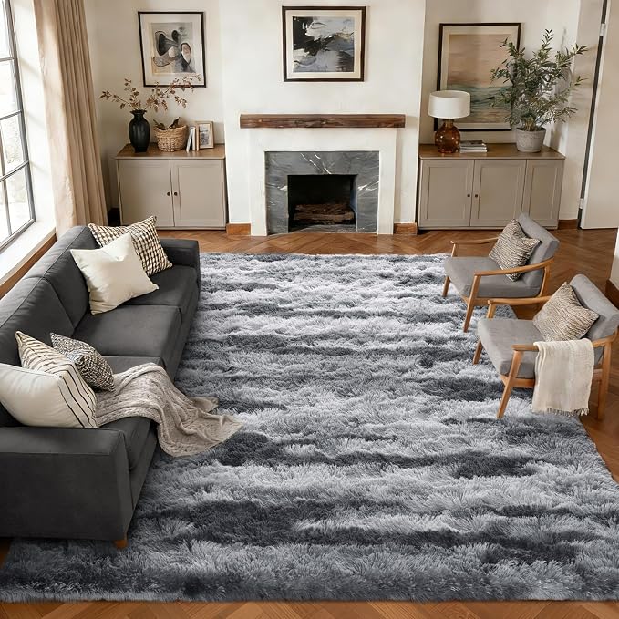 Extra Large 8x10 Area Rugs for Living Room Decor, Non-Slip Shaggy Tie-Dyed Rugs for Bedroom Kids Playroom Dorm Room, High Pile Ultra Soft Carpet, Grey