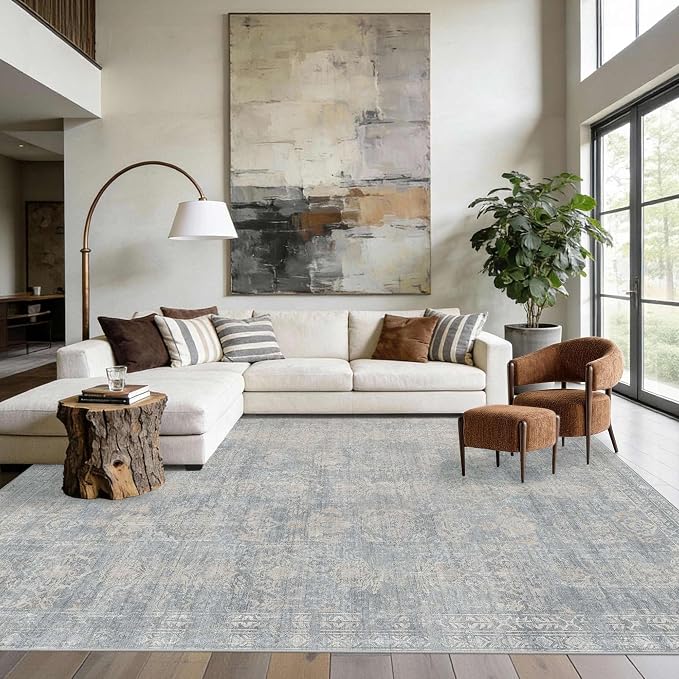 Rugxara 8x10 Area Rugs for Living Room Large Washable Rug, Blue/Beige | Non Slip, Rug for Dining Room Bedroom Office, Stain Resistant, Soft, Low Pile, Vintage Boho Retro Carpet, Washable,Home Decor