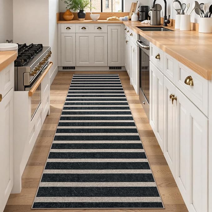 Lahome Striped Easy Jute Kitchen Runner Rug, 2x8 Outdoor Rugs Washable | Non Slip Black Runner for Entryway Indoor, Modern Farmhouse Non Shedding 8ft Carpet for Long Hallway Entry Porch Laundry Room