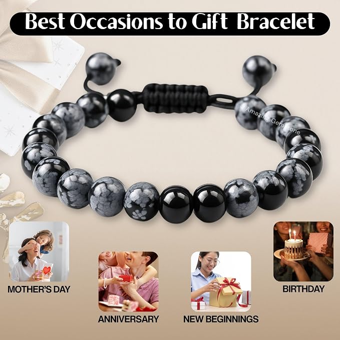 Amazing Gemstone Snowflake Obsidian Bracelet for Women Men's Gifts - Protection Healing Crystal Bracelet - 8mm Gemstone Beaded Adjustable Bracelet
