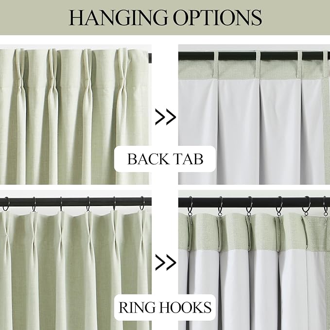 Vision Home Soft Green Pinch Pleated Full Blackout Curtains Linen Blended Room Darkening Window Curtains 72 inch for Living Room Bedroom Thermal Insulated Pinch Pleat Drapes with Hooks 60" Wx72 Lx1