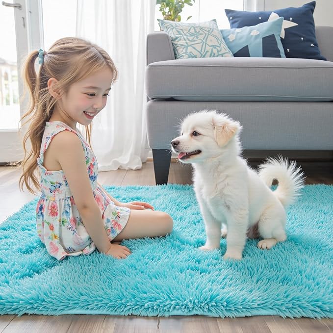 Fluffy Rug Shag Area Rug,Teal Blue 3x5 Area Rugs for Bedroom | Non-Slip Small Soft Bedside Rug for Entryway,Living Room and Home Office