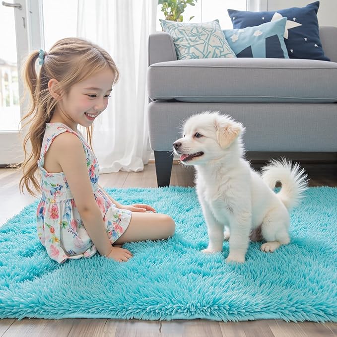 Rugs for Living Room 5x8, Alfombras para Salas Shag Large Plush Soft Area Rug, Shaggy Carpets for Bedroom,Boys Girls Home Decor Aesthetic(Teal Blue, 5 x 8)