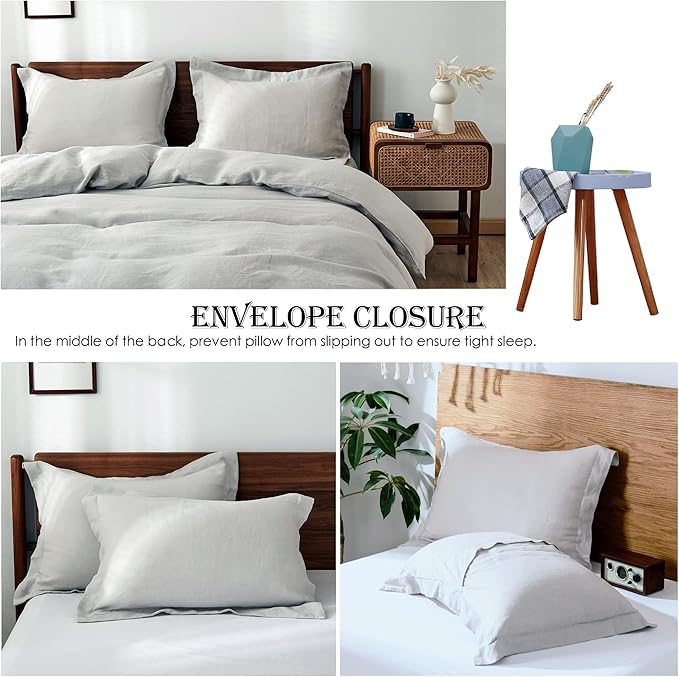 Simple&Opulence 100% Linen Duvet Cover Set 3pcs Basic Style Natural French Washed Flax Solid Color Soft Breathable Farmhouse Bedding with Button Closure - Light Grey, Full