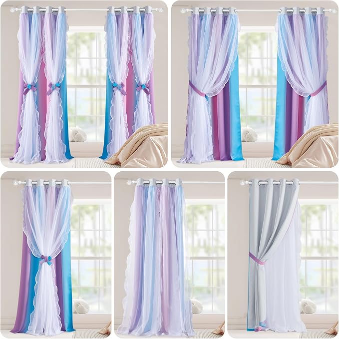 PONY DANCE Ruffle Curtains Double Layers Sheer Overlay Shabby Chic Decoration for French Country Rustic Design Window Covering with Tiebacks, 52" Wide x 84" Long, Blue-Pink, 2 Panels