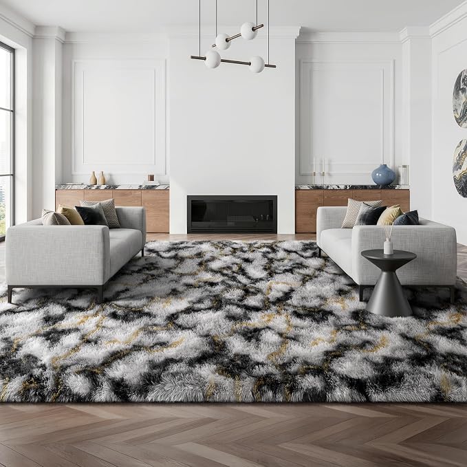 Deerhoo Large Shag Area Rugs 5 x 8, Tie-Dyed Plush Fuzzy Rugs for Living Room, Ultra Soft Fluffy Furry Rugs for Bedroom, Anti-Skid Indoor Carpet Nursery Rugs for Kids Room Home Decor, Black white gold