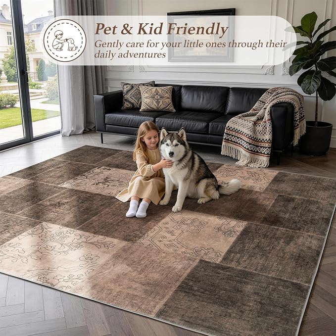 LIANLAM 2x6 Washable Runner Rug for Hallway&Kitchen,Non-Slip Long Carpet with Vintage Boho Checkered Design,Ultra-Thin Low Pile,Stain Resistant Easy Clean Floor Mat for High Traffic Areas(2x6,Brown)