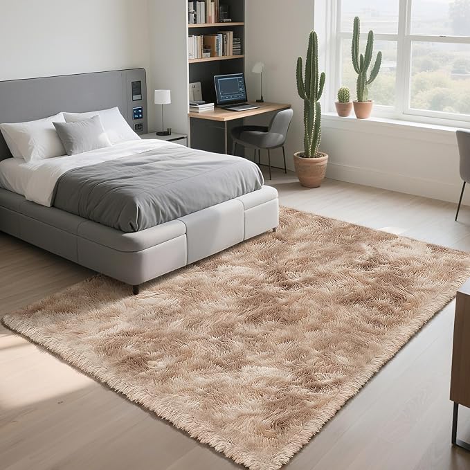 Fluffy Rug Shag Area Rug, Mottling Beige 4x6 Area Rugs for Bedroom, Small Bedside Rug, Soft Fluffy Shag Entryway Throw Rugs for Living Room Bedroom Room Home Decor