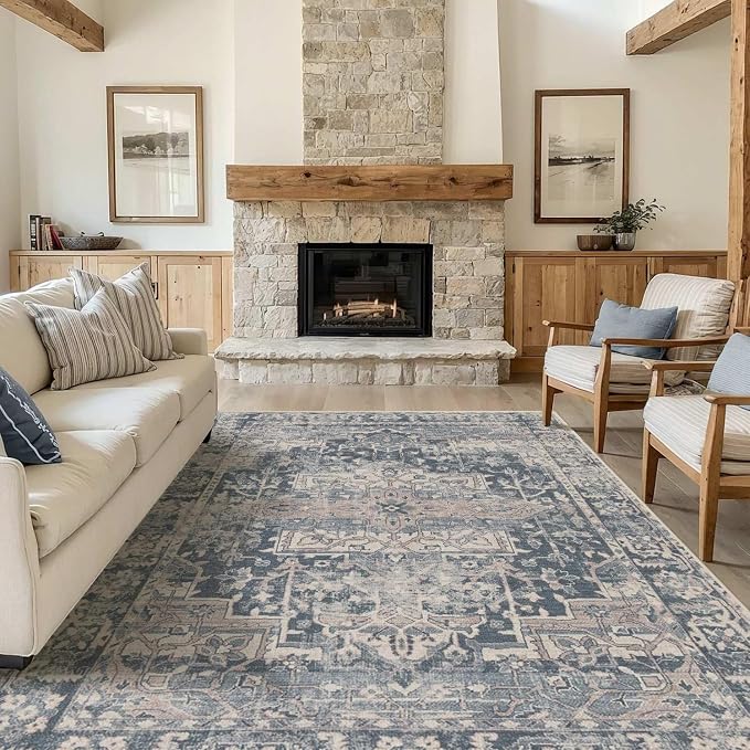 Rugxara Blue 6x9 Area Rugs Washable Rug for Living Room Dining Room Bedroom | Non Slip, Rug for Office Farmhouse Kids Room, Stain Resistant, Soft, Low Pile, Vintage Boho Floral Retro Carpet, Home Decor
