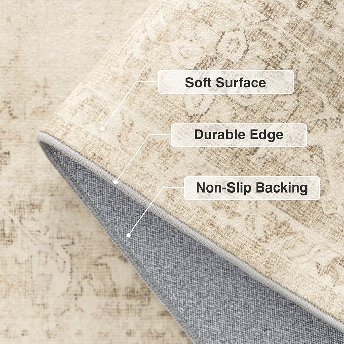 Fmfunctex 2x8 Runner Rug Beige Washable Neutral Vintage Distressed Oriental Traditional Non Slip Low Pile Indoor Carpet Retro Hallway Entryway Rug for Kitchen Living Room Bedroom Laundry Entry Bedside