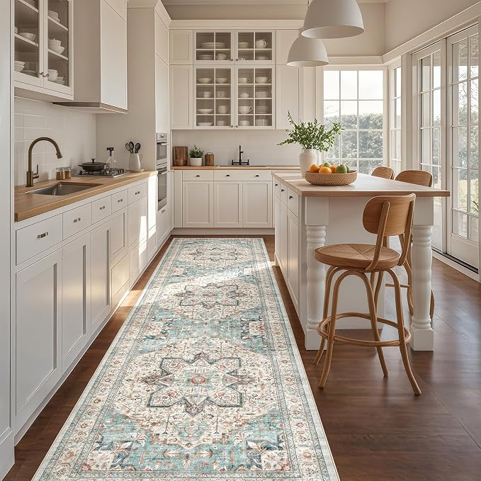 Tortania Area Rug 2x6 Runner Rugs - Washable Vintage Oriental Farmhouse Thin Indoor Carpet for Living Room Bedroom Hallway Entryway Kitchen Under Dining Table Home Office - Aqua Multi